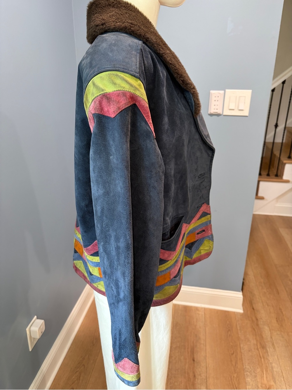 Rare Vintage Sonneur Suede Leather Jacket Faux Fur Collar Southwest Colorblock - Picture 7 of 10